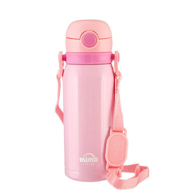 Pink water bottle with a strap on a white background