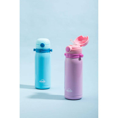 Two insulated water bottles, one blue and one pink, on a light blue background.