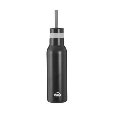 Black water bottle with straw lid on a white background