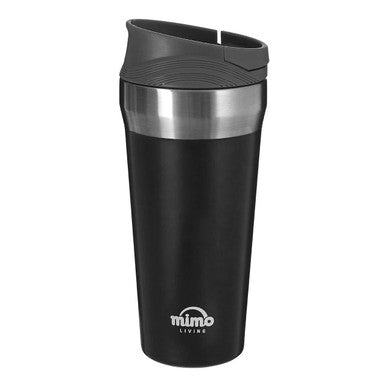 Black insulated mug with silver base and gray lid on a white background