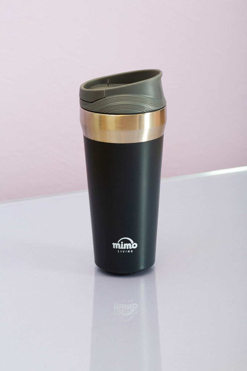 Black and gold travel mug with &