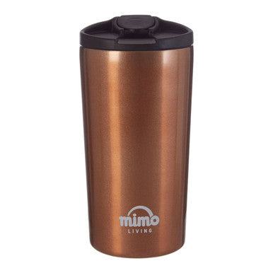 Bronze-colored tumbler with black lid on a white background