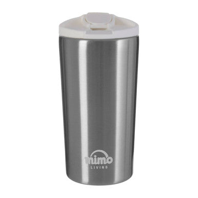 Stainless steel tumbler with white lid on a white background