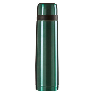 Green thermos bottle on a white background