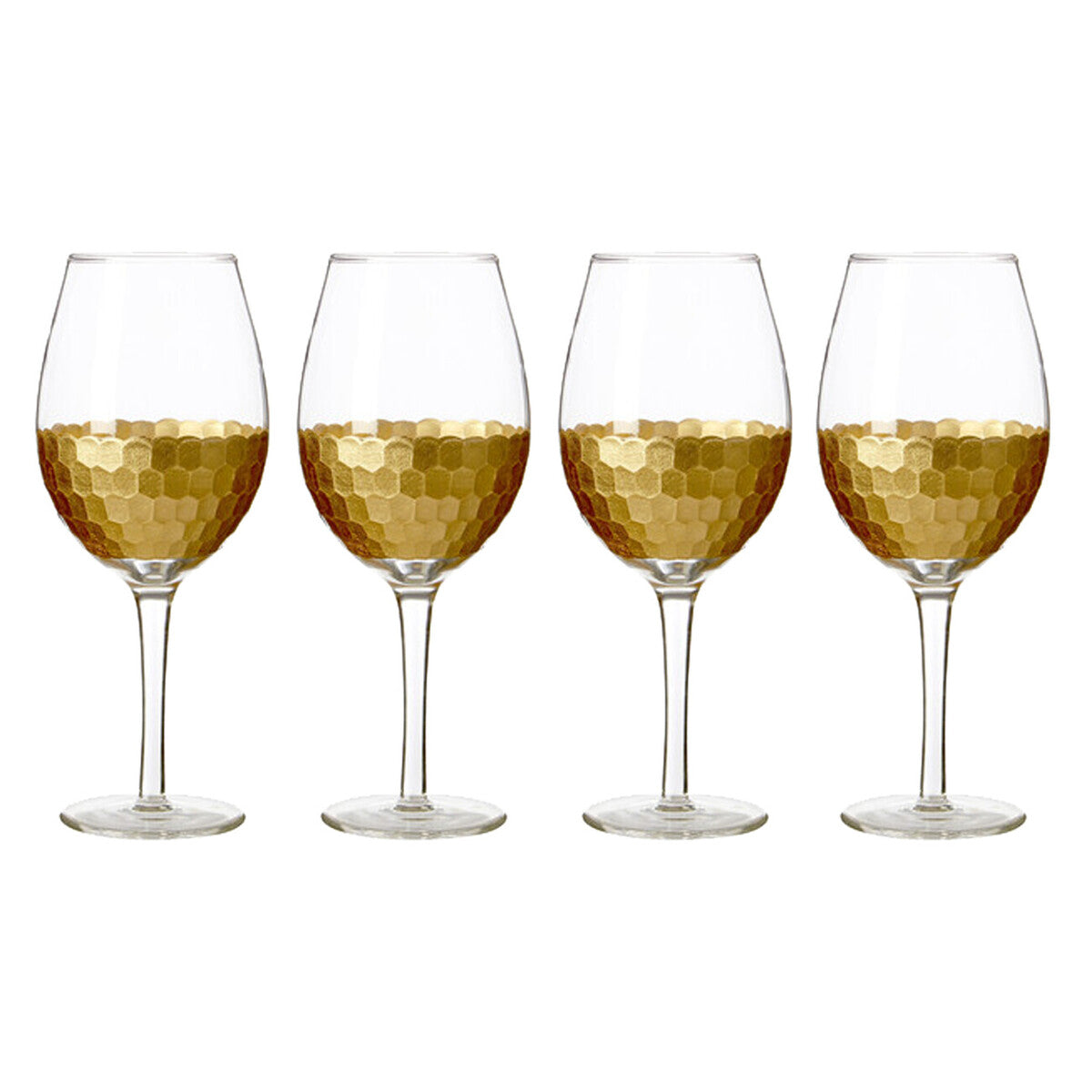 Four wine glasses with gold interior and base on a white background