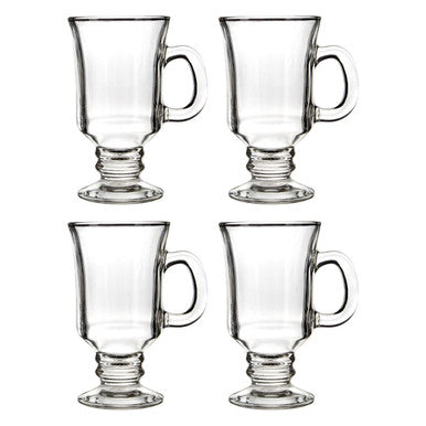 Set of four clear glass mugs with handles on a white background