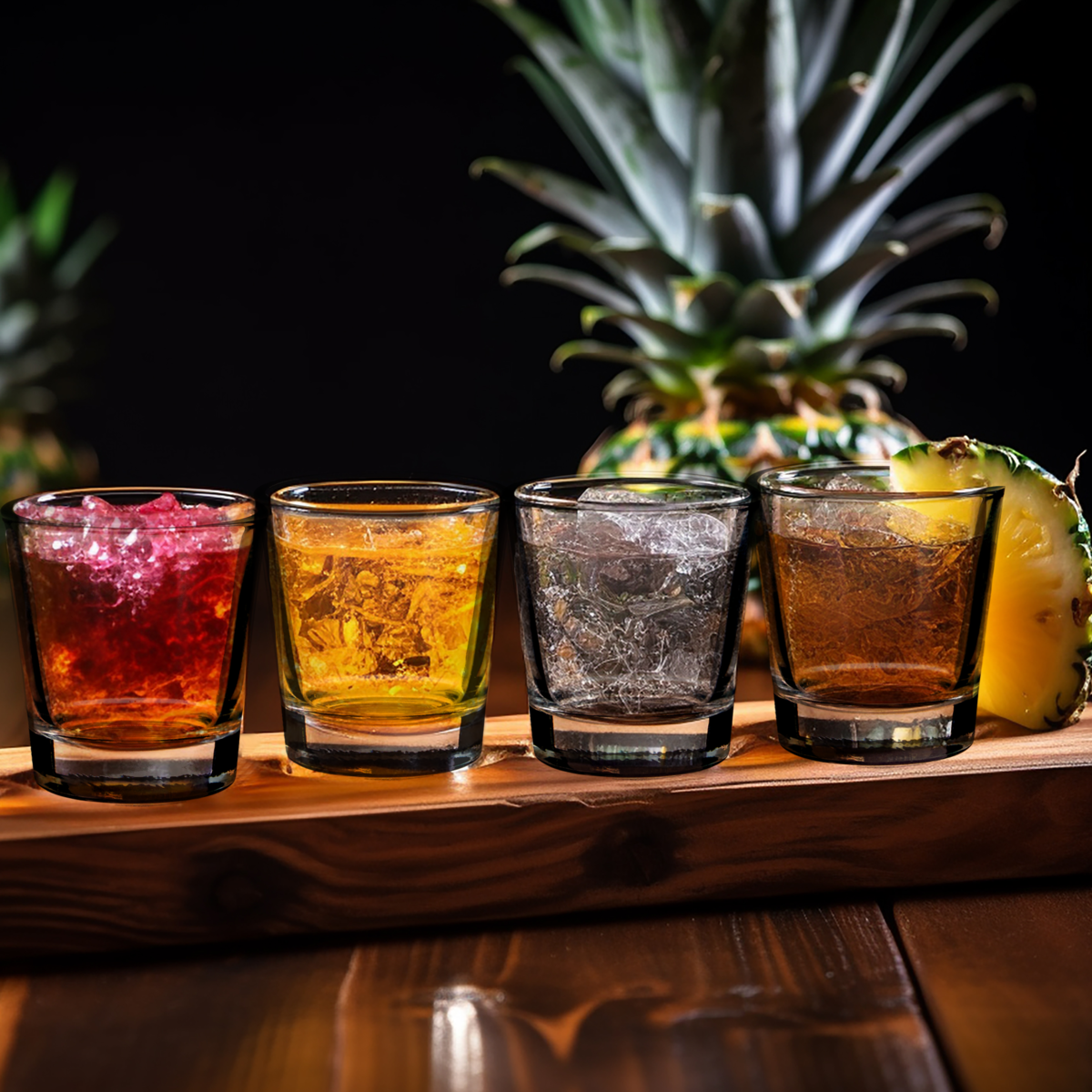 Four glasses of different colored cocktails with ice cubes, a pineapple, and a dark background.