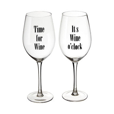 Two wine glasses with humorous text on a white background