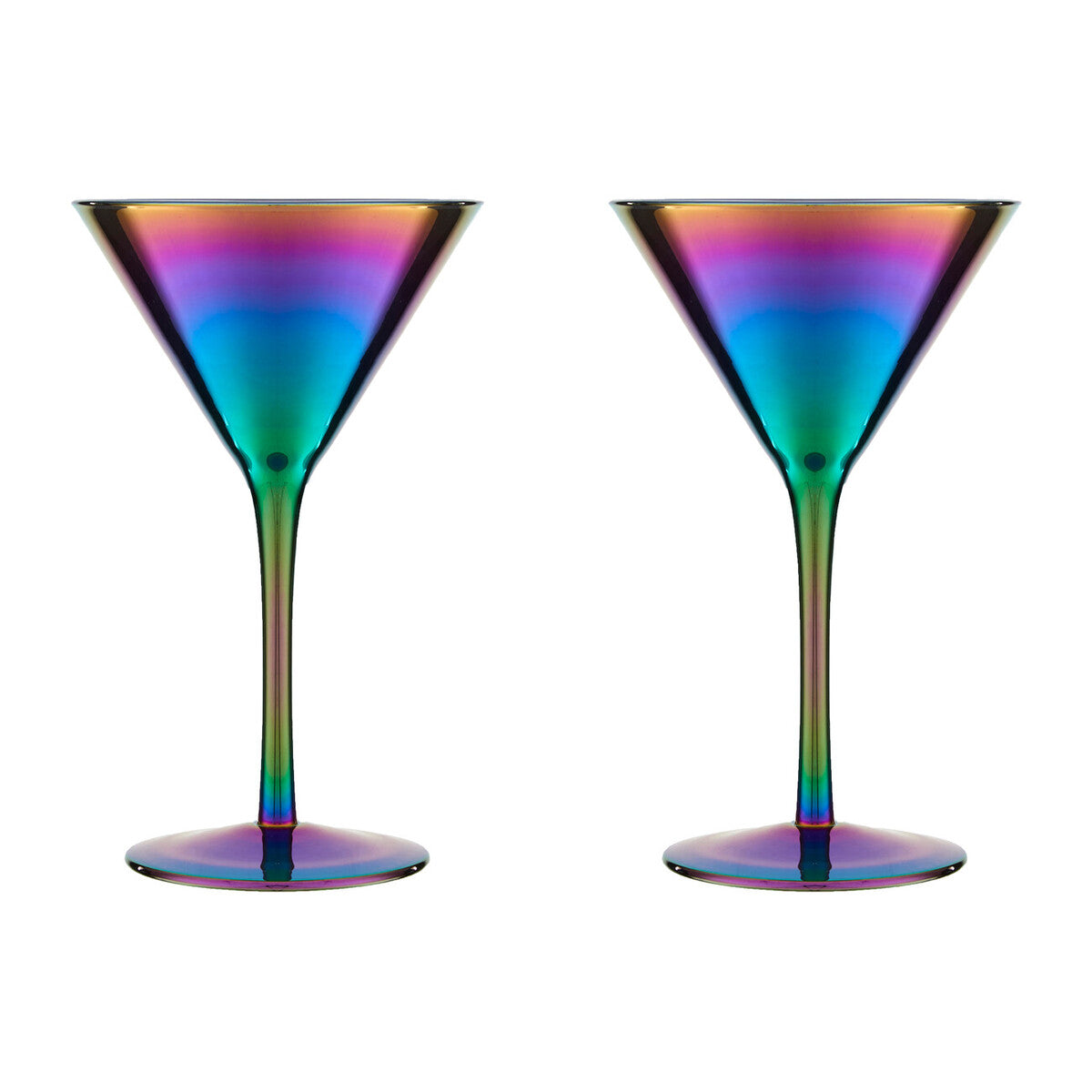 Two iridescent cocktail glasses on a white background