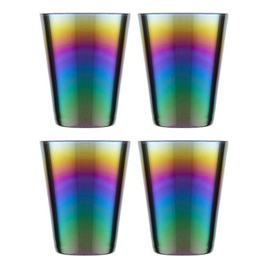 Four rainbow-colored tumblers on a white background