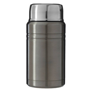 Silver thermos on a white background