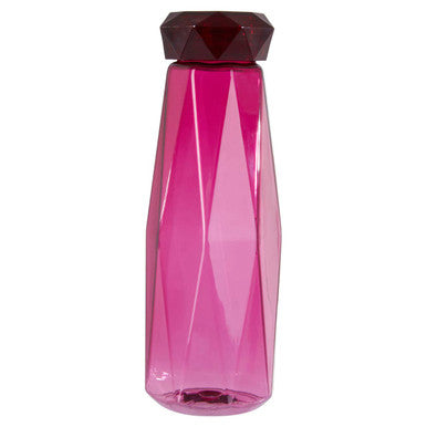 Pink glass bottle with a dark red cap on a white background