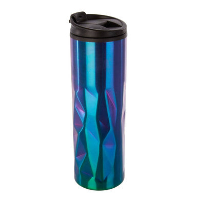 Blue and green geometric-patterned tumbler with black lid on a white background