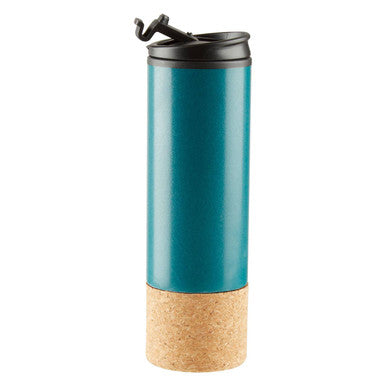 Teal travel mug with cork base on a white background