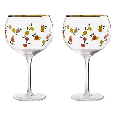 Two wine glasses with decorative fruit patterns on a white background