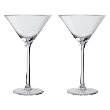 Two clear martini glasses on a white background