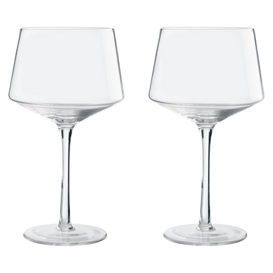 Two clear wine glasses on a white background