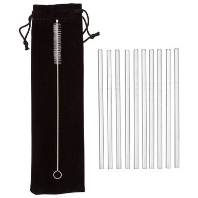 Set of metal straws with a cleaning brush and black drawstring bag on a white background