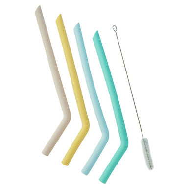 Set of colorful silicone straws and a cleaning tool on a white background