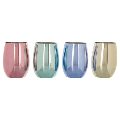 Four colorful glass tumblers on a white background
