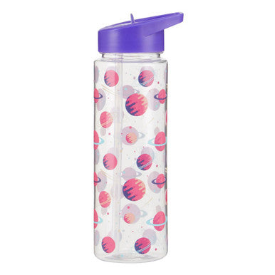 Clear water bottle with pink and purple planet design and purple lid on a white background