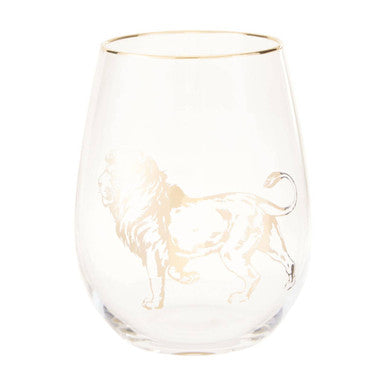 Clear stemless wine glass with gold lion design on a white background