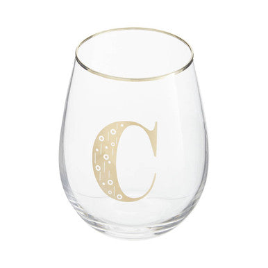 Clear stemless wine glass with gold letter &