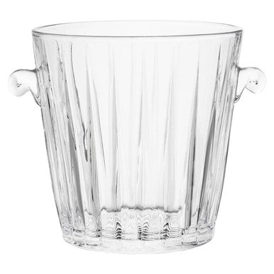 Clear glass ice bucket with handles on a white background