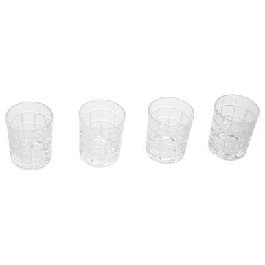 Four clear plastic cups with grid patterns on a white background