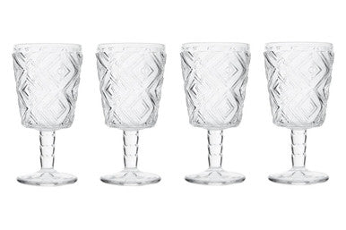 Set of four clear glass goblets with textured design on a white background