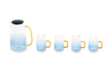 Set of gradient-colored glass mugs with yellow handles on a white background