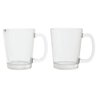 Two clear glass mugs with handles on a white background