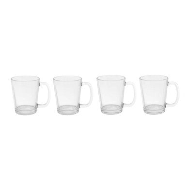 Four clear glass mugs on a white background