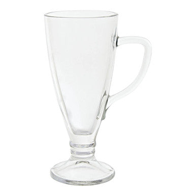Clear glass mug with handle on a white background