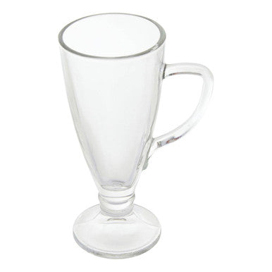 Clear glass mug with handle on a white background