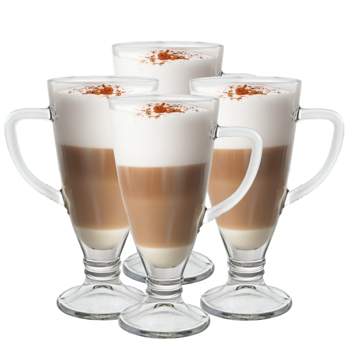 Set of four glass coffee mugs with layered coffee drinks on a white background