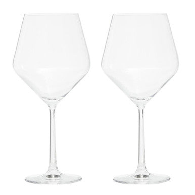Two clear wine glasses on a white background
