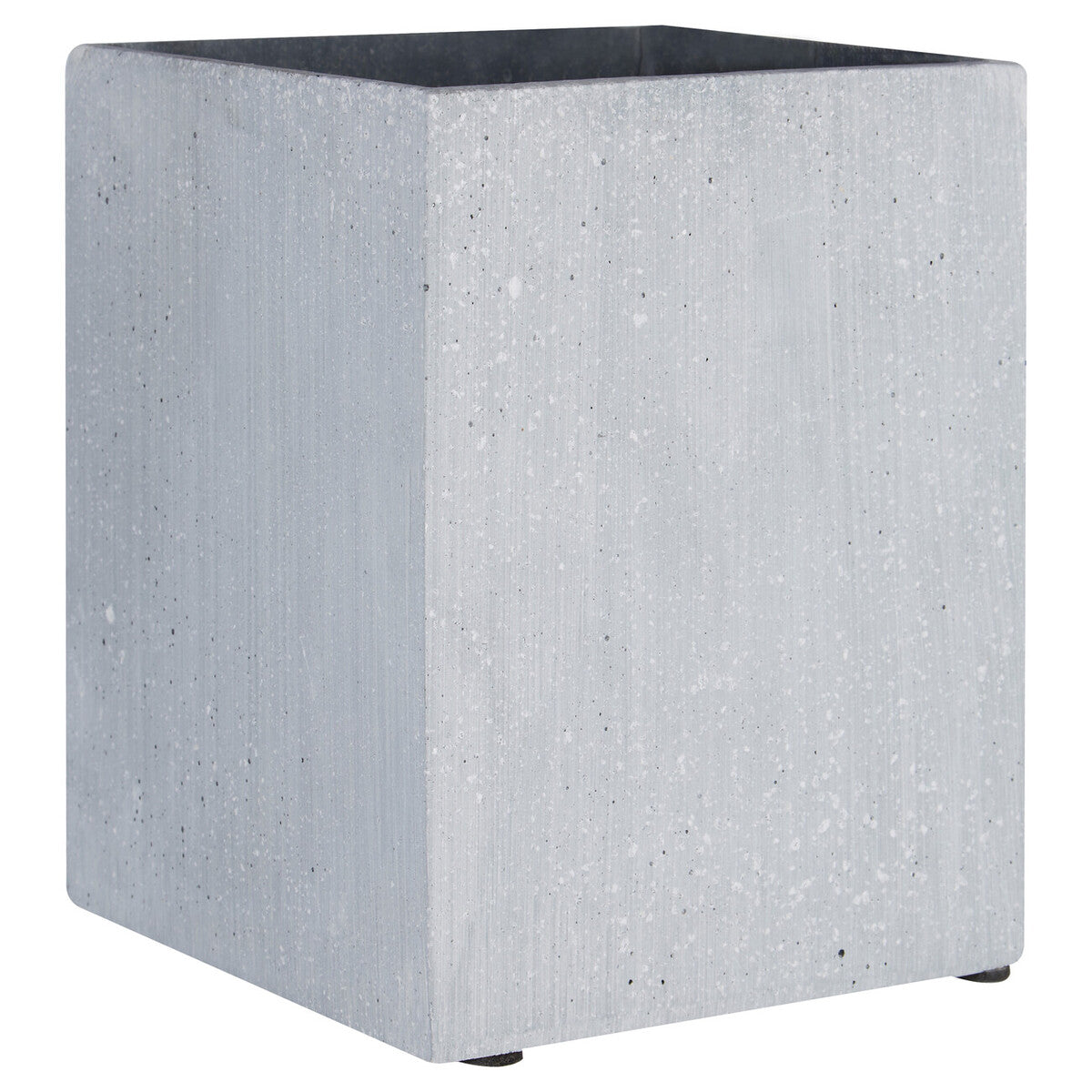 Square gray planter with a textured surface on a white background