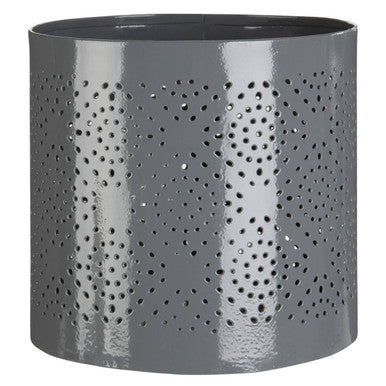 Gray metal planter with perforated design on a white background