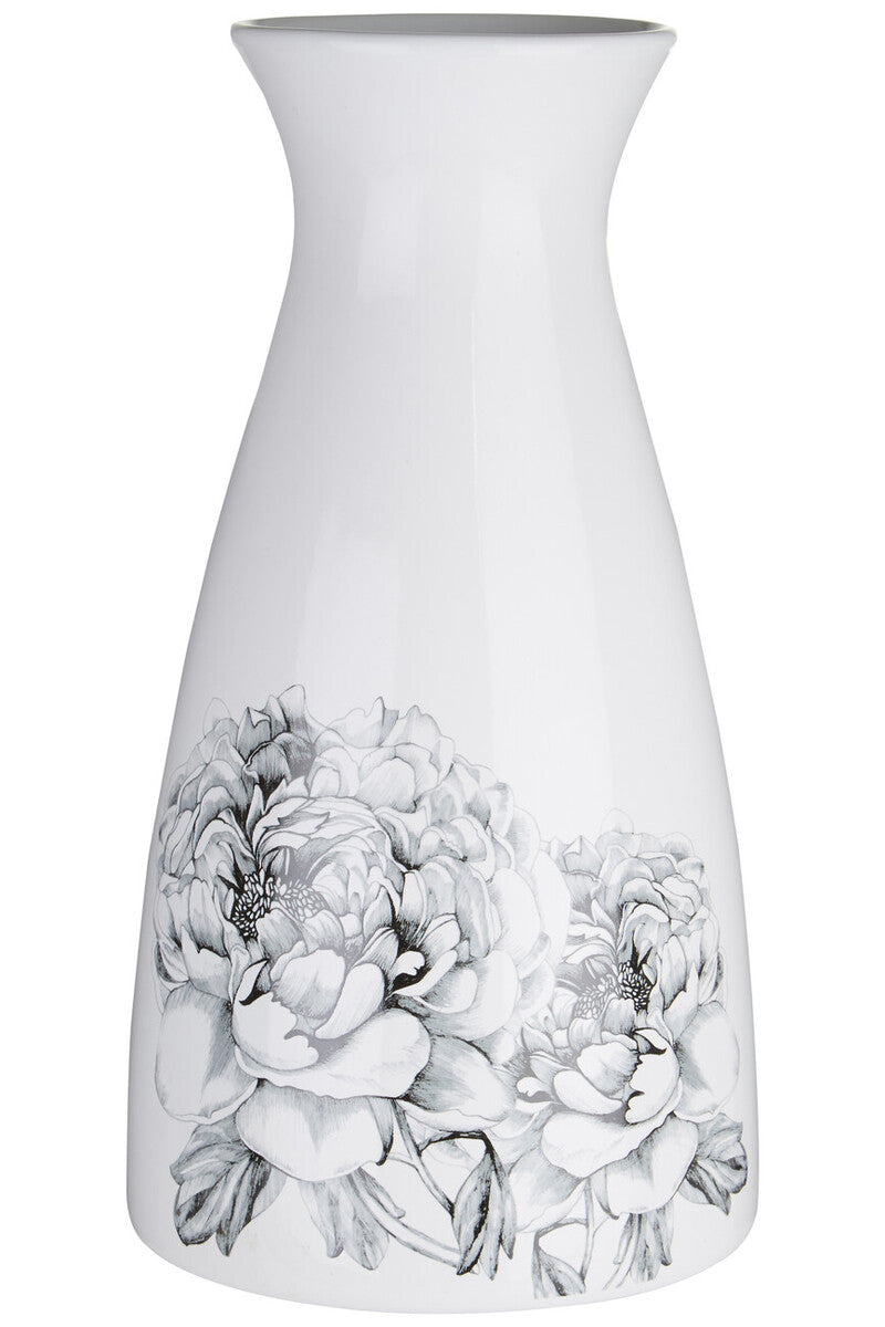 White vase with black floral patterns on a white background