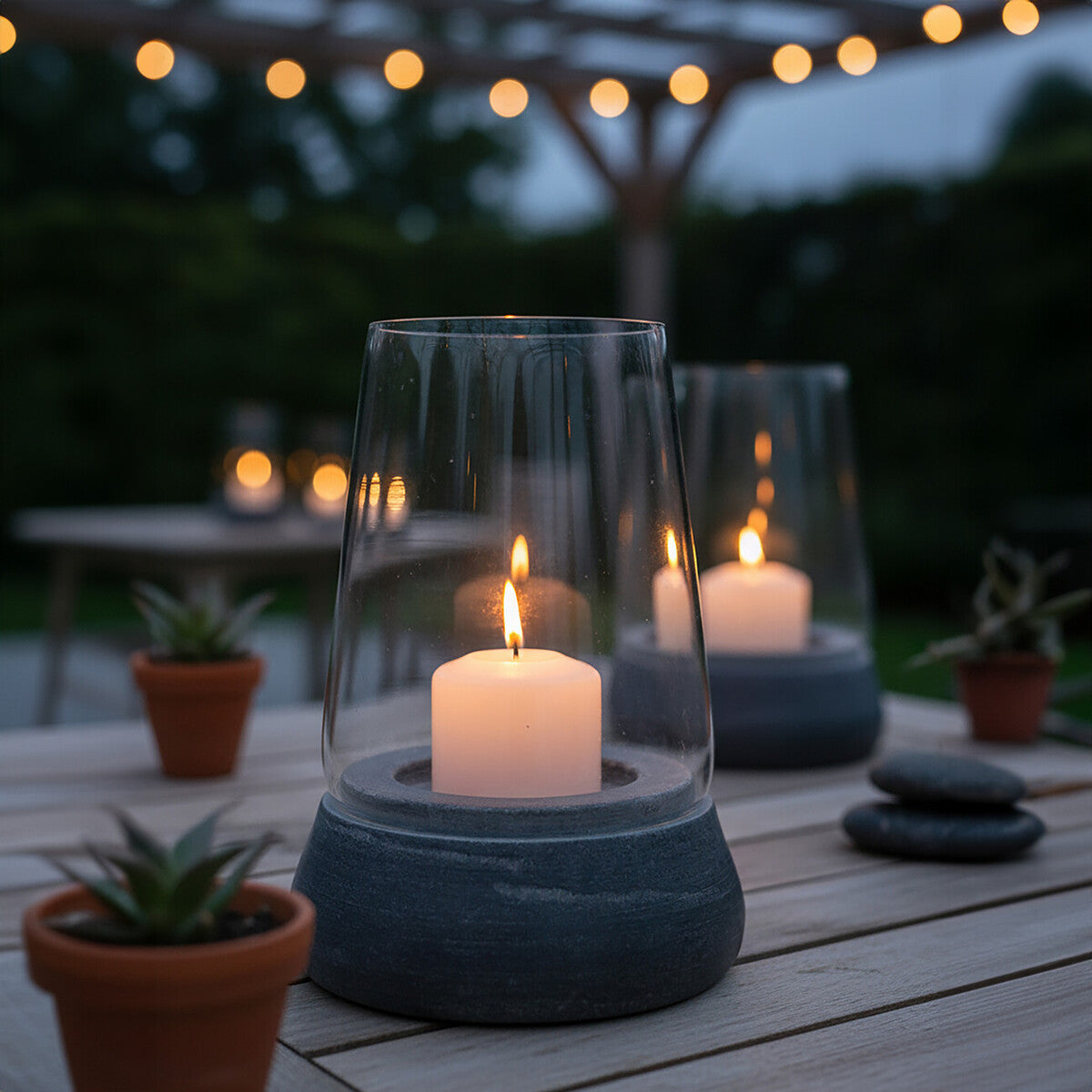 Candle holders with lit candles on a wooden table outdoors, surrounded by potted plants and string lights.
