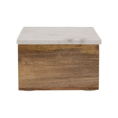Wooden side table with marble top on a white background