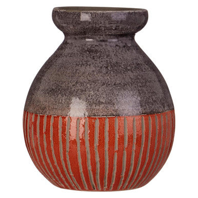 Decorative ceramic vase with brown and red striped design on a white background
