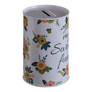 Decorative money box with floral design and text on a white background