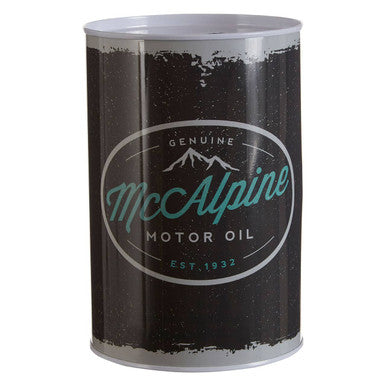 Can of McCAlpine motor oil with a black and white label on a white background