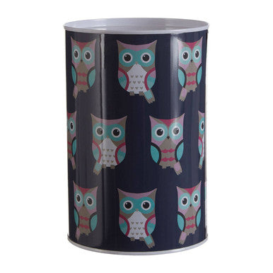 Wastebasket with owl pattern on a dark blue background