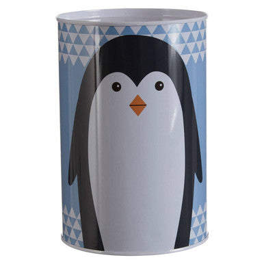 Tumbler with a penguin design on a blue geometric patterned background