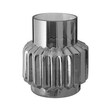 Silver metallic vase with ribbed design on a white background