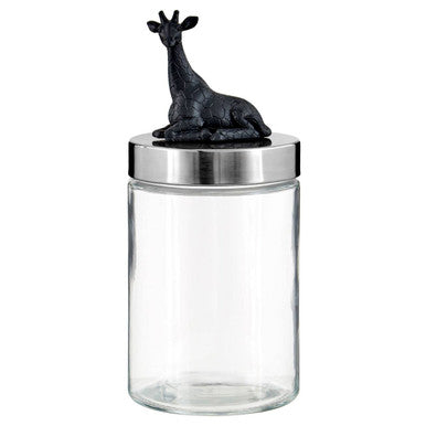 Clear glass jar with a silver lid and black giraffe figurine on a white background