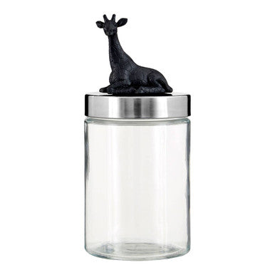 Clear glass jar with a metal lid and black giraffe figurine on a white background